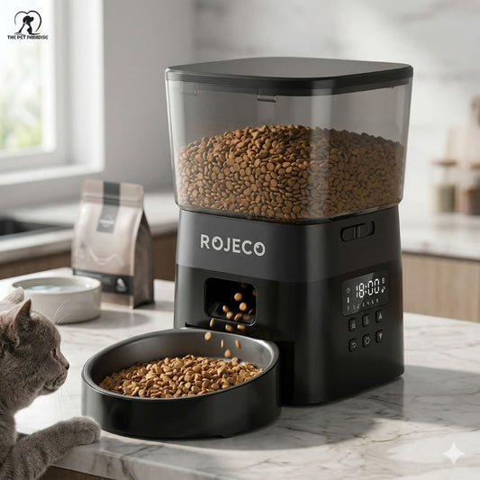 automatic pet feeder dispensing kibble for cats and dogs in a modern kitchen setting