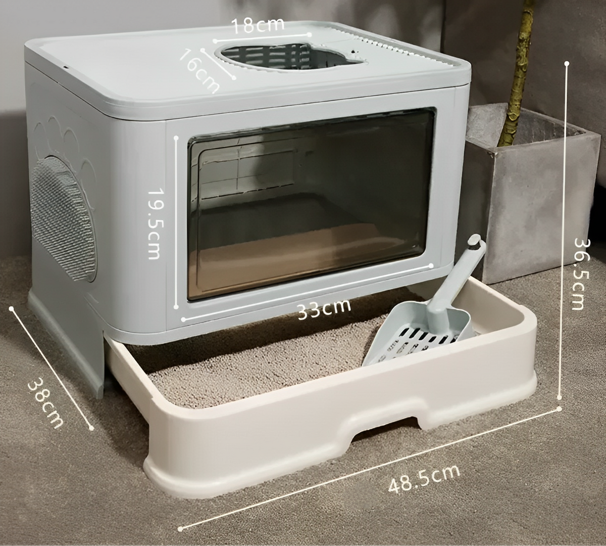 Square full closed cat litter box with large enclosed design, anti-splash walls, and pull-out drawer for easy cleaning and odor control.