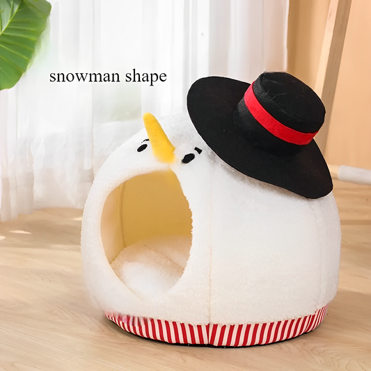 Christmas Snowman Cat Nest – Cozy Semi-Enclosed Bed for Winter Comfort