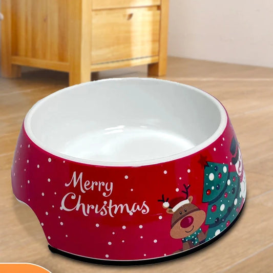 Christmas stainless steel pet bowl featuring festive decorations and a hygienic interior for dogs and cats.