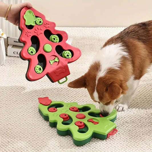 Pet slow feeder in a Christmas tree shape for dogs enjoying a festive and healthy meal during holidays.