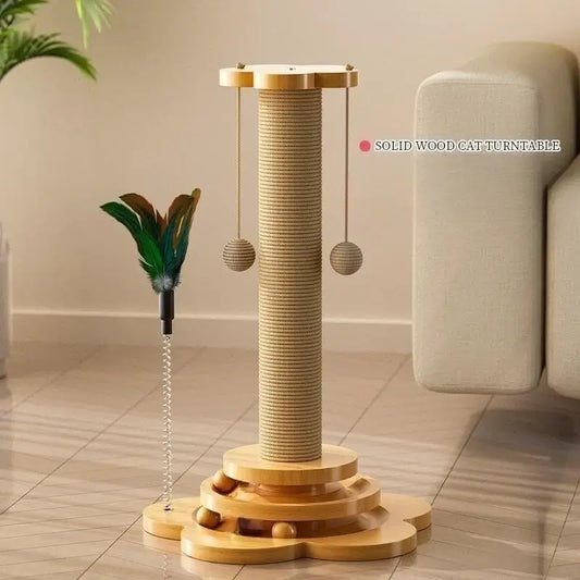 Wooden interactive cat turntable toy with rotating ball track and built-in sisal scratching board.