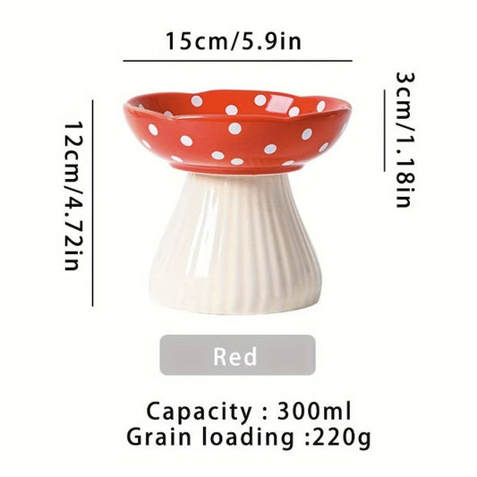 Ceramic cat feeder with mushroom elevated shelf design in red, polka dot bowl, dimensions and specifications included.