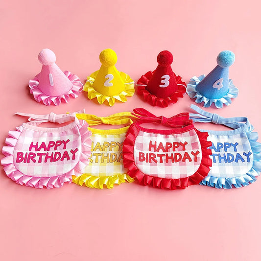 Small dog wearing birthday scarf and hat set for celebration or party
