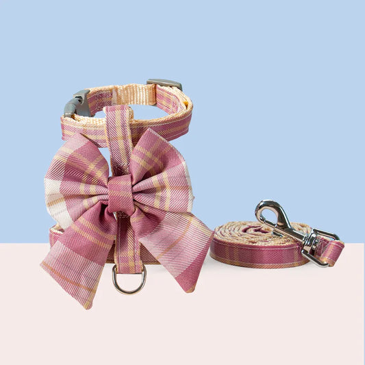 Pet harness design with stylish pink checkered pattern and matching leash featuring a large bow.