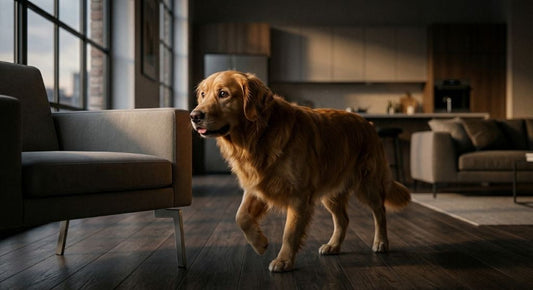 Anxious golden retriever pacing in apartment.