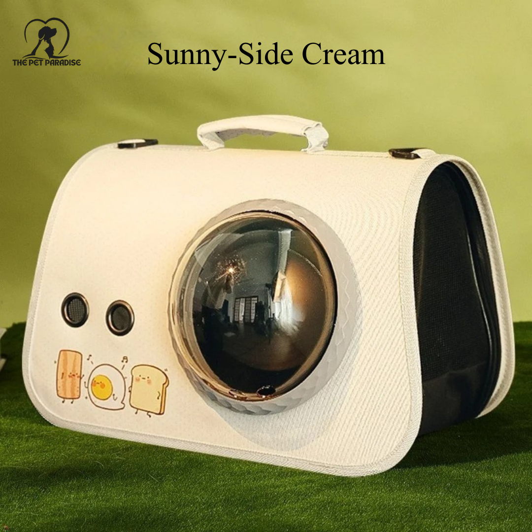 White pet travel bag with a round window and cute cartoon toast design, perfect for pet travel.