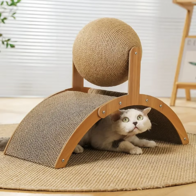 2-in-1 Cat Scratching Ball, Sisal Scratcher for Cats, Cat Toy with Wooden Base