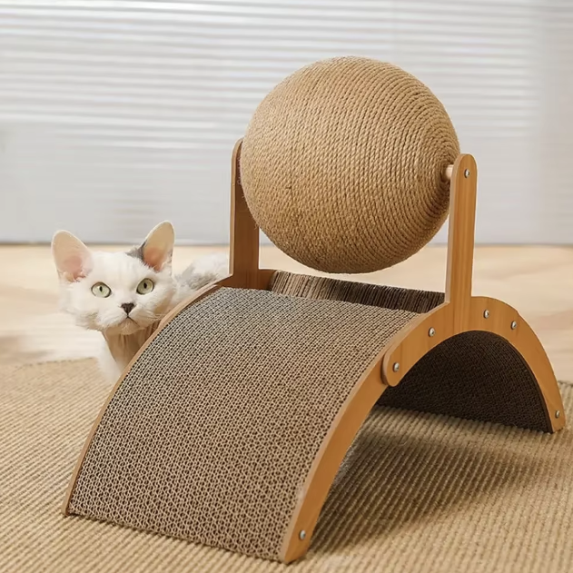 2-in-1 Cat Scratching Ball, Sisal Scratcher for Cats, Cat Toy with Wooden Base