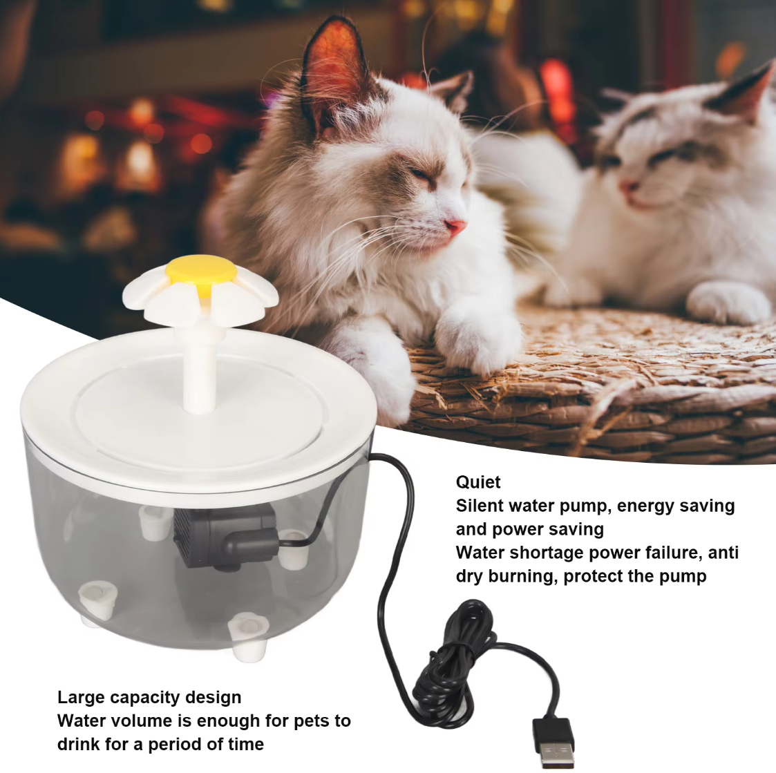 Silent automatic pet water fountain with continuous water flow for cats and dogs.