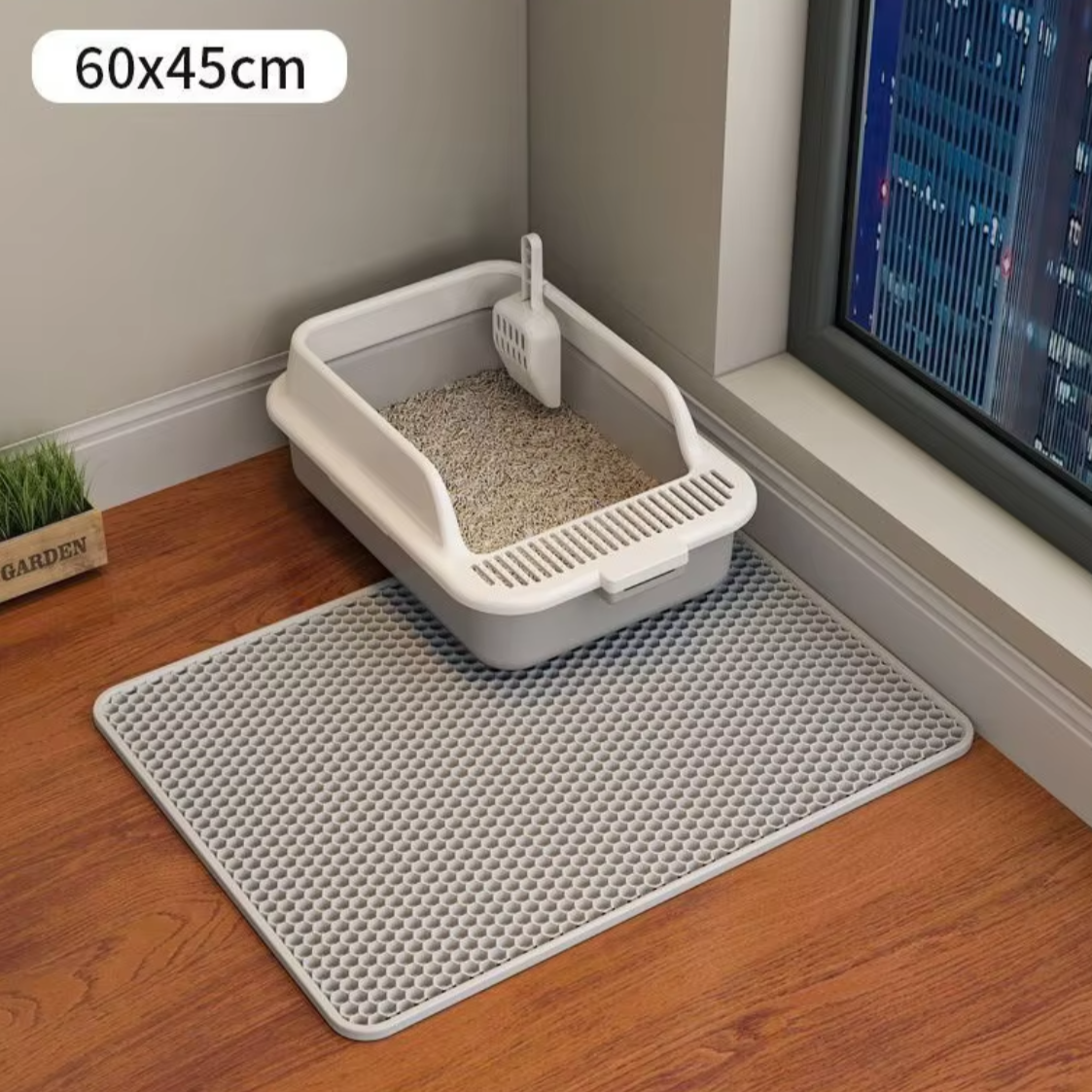 Double-layer waterproof cat litter mat with non-slip EVA design, traps litter and protects floors from dirt and moisture.