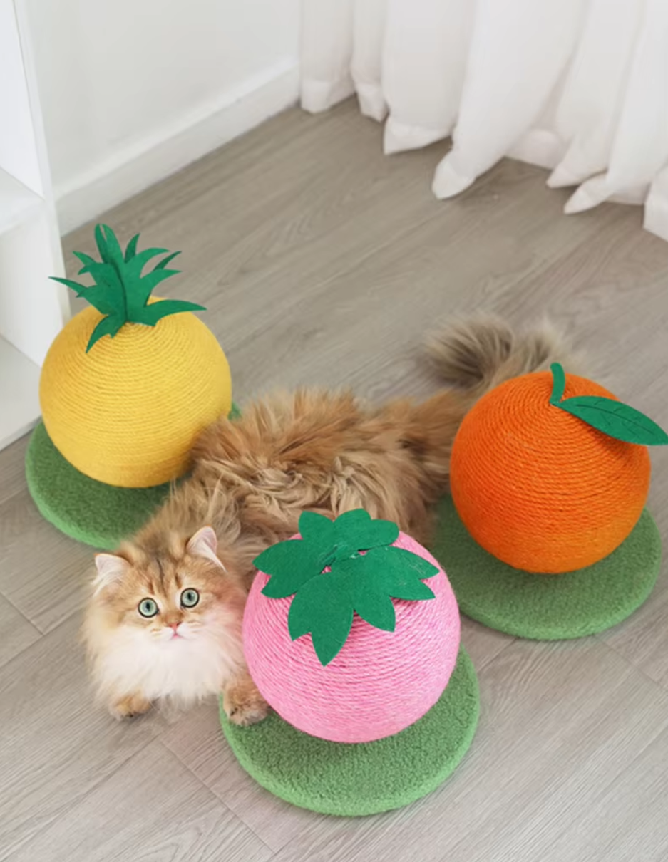 Fruit-shaped cat scratching ball toy with sisal climbing frame