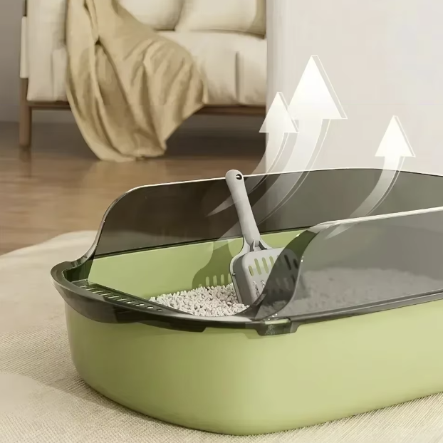 High-sided open cat litter box with low entry, designed for kittens, senior cats, and splash protection.