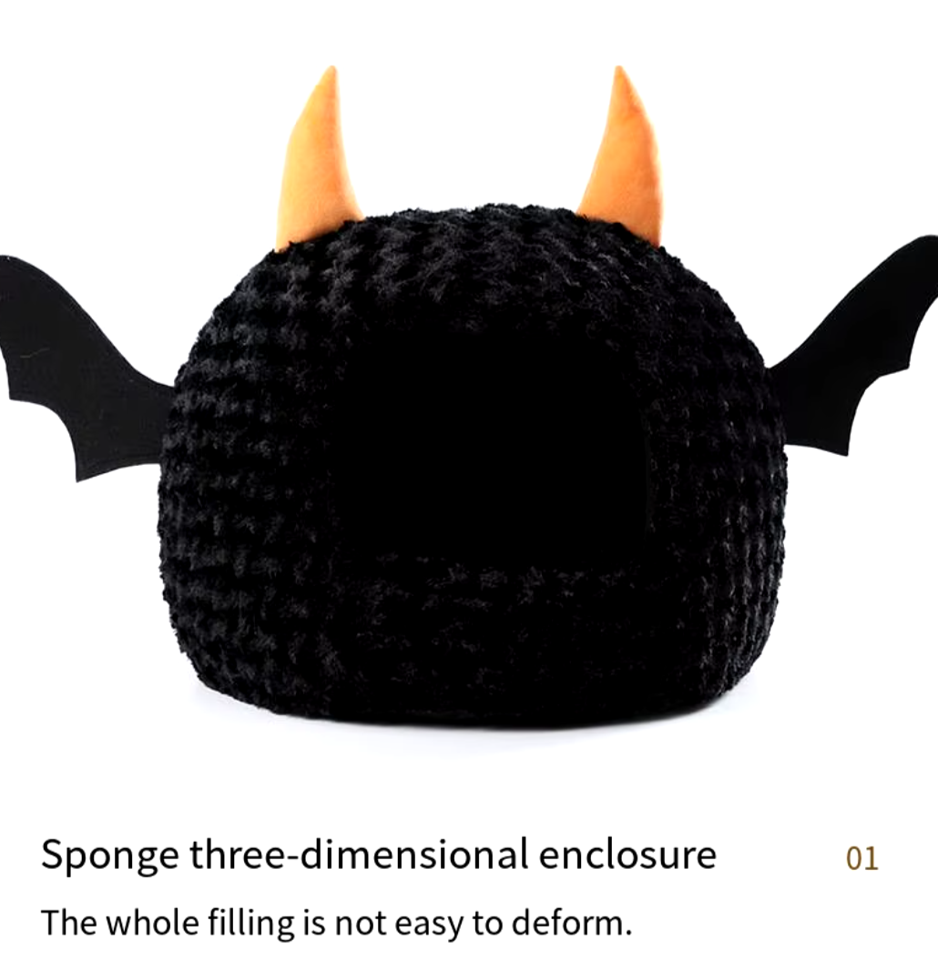 Halloween-themed imp cat house with cozy plush design for cats and small dogs.