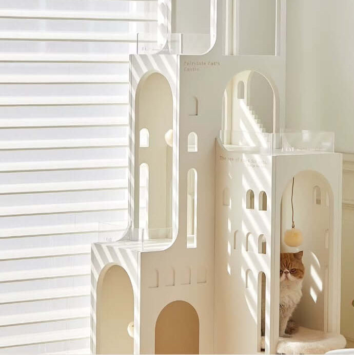Dream Castle Cat House, elegant cat castle with cozy faux fur, bright ambient lighting, and stylish design.