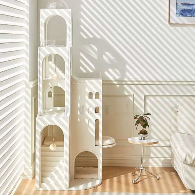 Dream Castle Cat House, an elegant cat castle with a whimsical design and cozy interiors, glowing in ambient light.