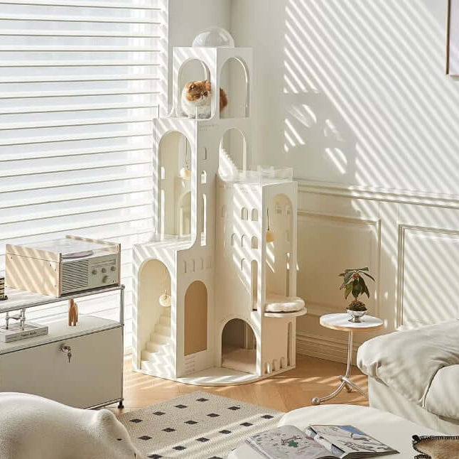Dream Castle Cat House, an elegant cat castle in a stylish interior with cozy spaces and modern design.