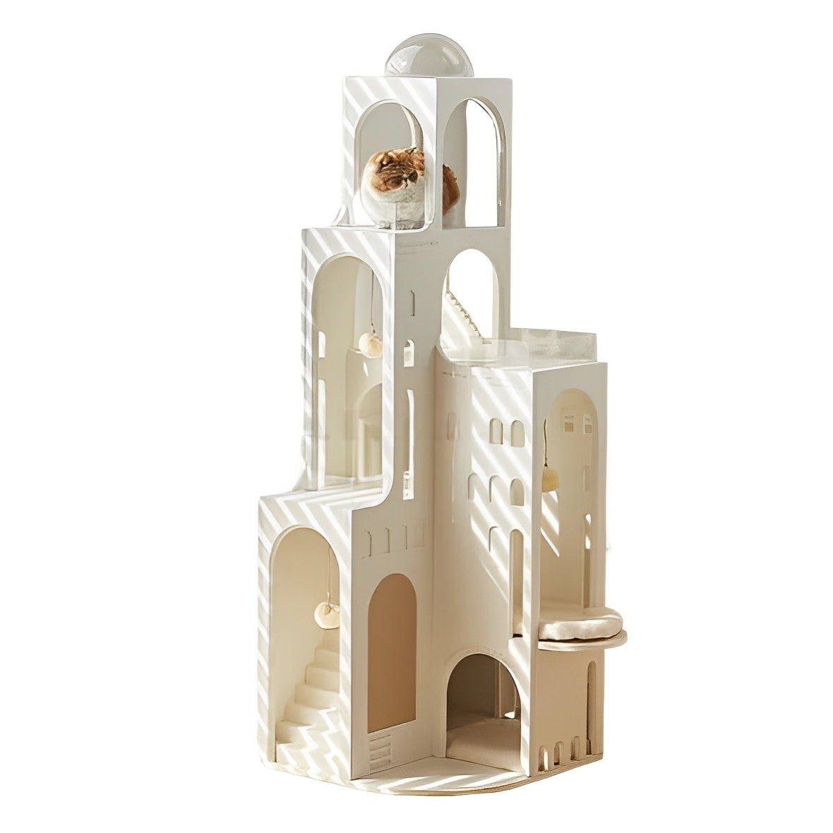 Dream Castle Cat House – Elegant faux fur cat castle with cozy spaces and whimsical design for feline relaxation.