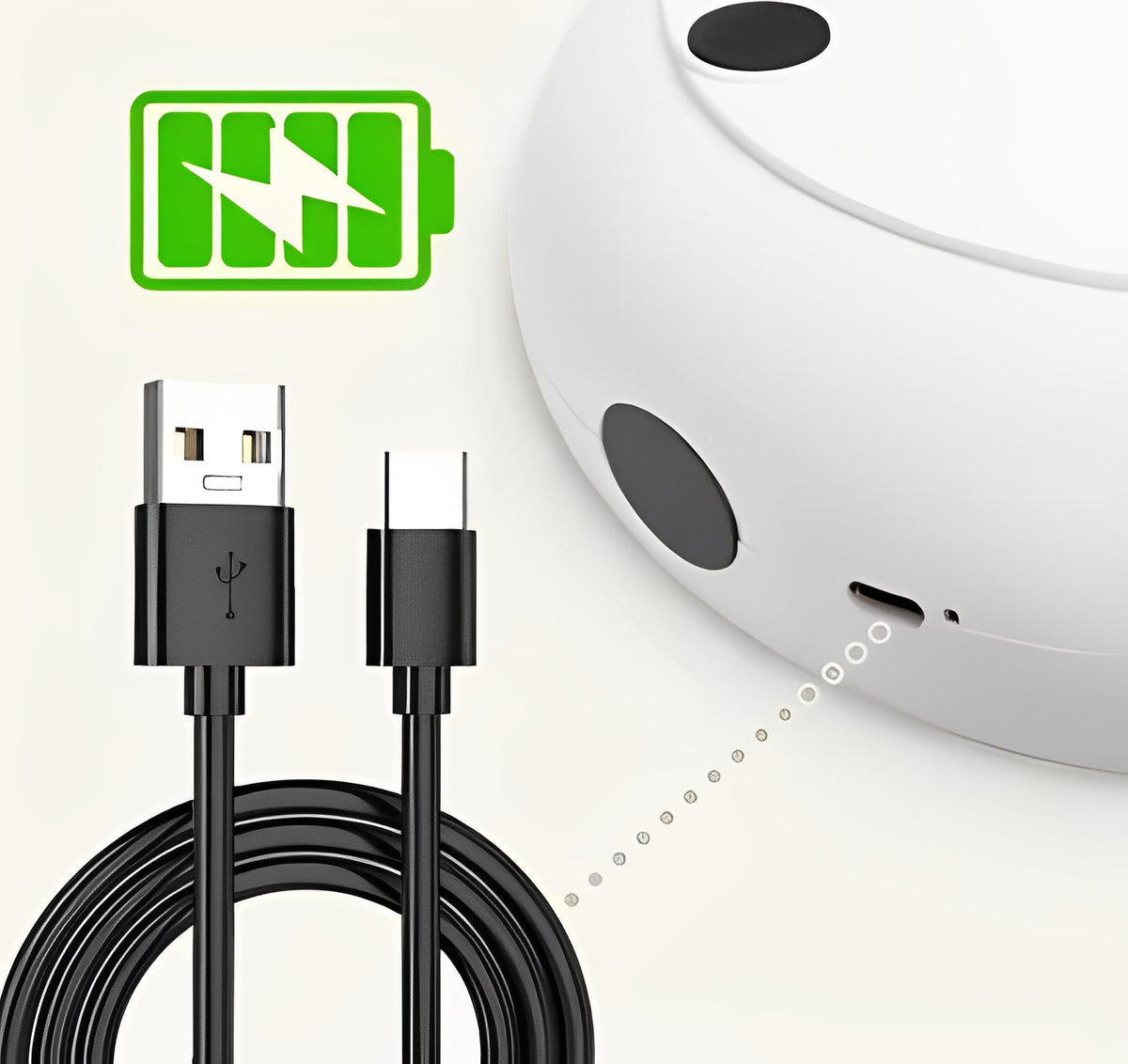 USB charging cable connected to a white smart cat toy with battery indicator, showcasing intelligent cat toys.