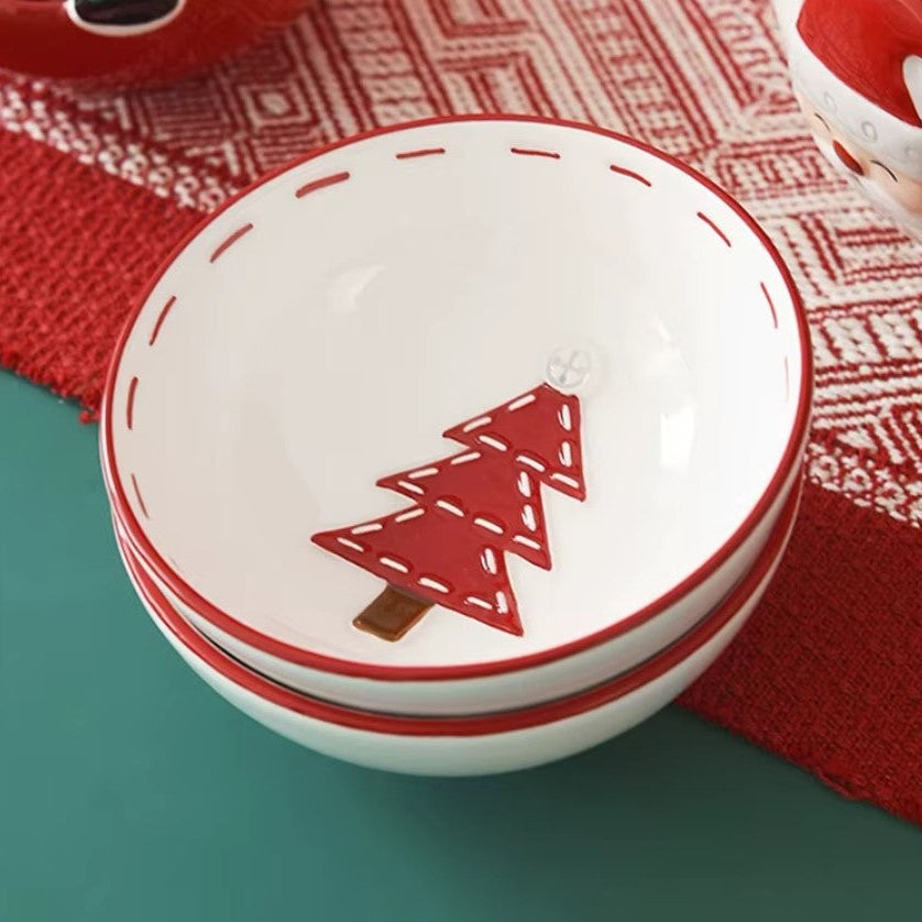 Nordic Santa Claus Ceramic Pet Bowl with red Christmas tree design for festive pet tableware