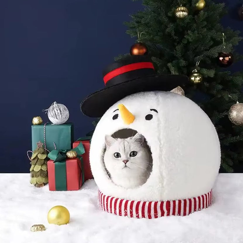 Nid de chat Bonhomme de neige de Noël – Lit semi-fermé douillet pour le confort hivernal