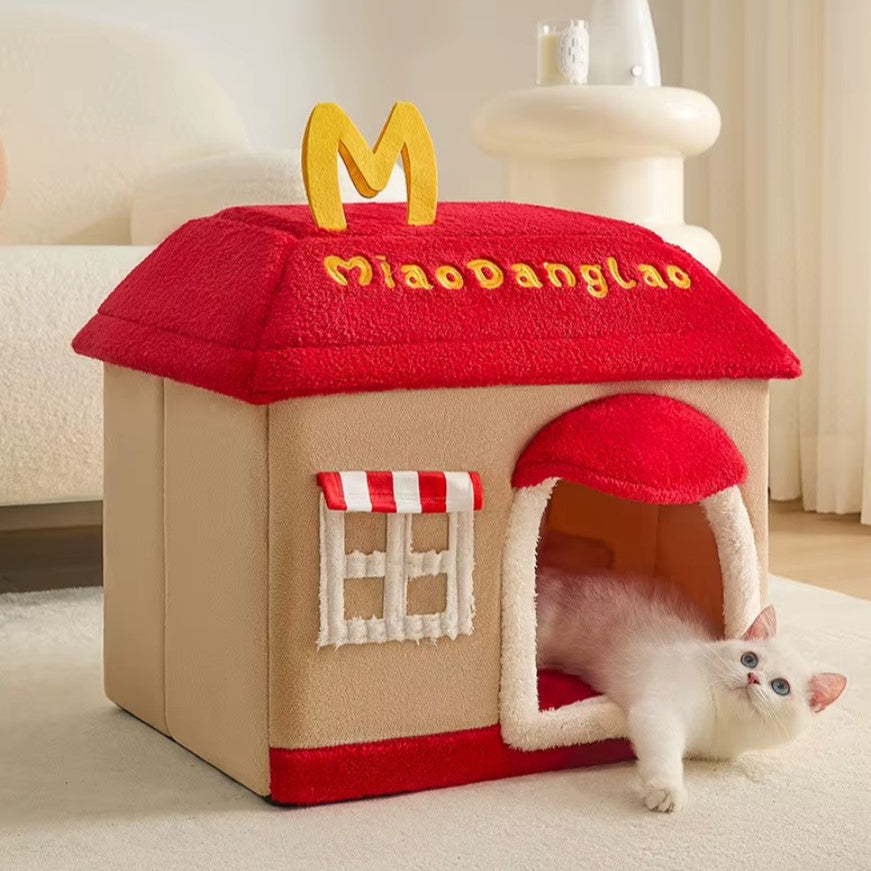 Removable enclosed pet cave for cats and dogs with washable winter design