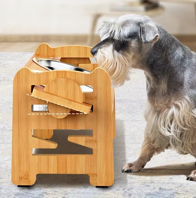 Adjustable elevated pet bowl for small dogs and cats with bamboo stand.