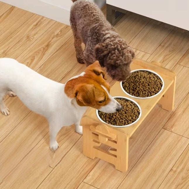 Adjustable elevated pet bowl for small dogs and cats with bamboo stand.