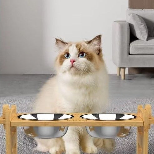Adjustable elevated pet bowl for small dogs and cats with bamboo stand.