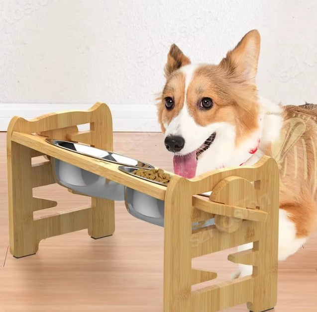 Adjustable elevated pet bowl for small dogs and cats with bamboo stand.