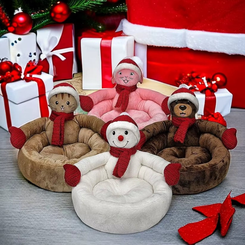Snowman-shaped Christmas cat bed cave for winter comfort and festive holiday decor.