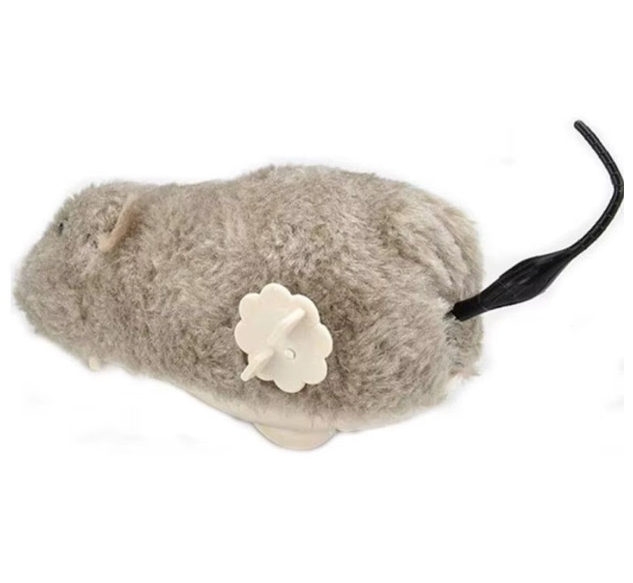 Indoor cat playing with a wind-up plush mouse toy, chasing it across the floor for hours of entertainment.
