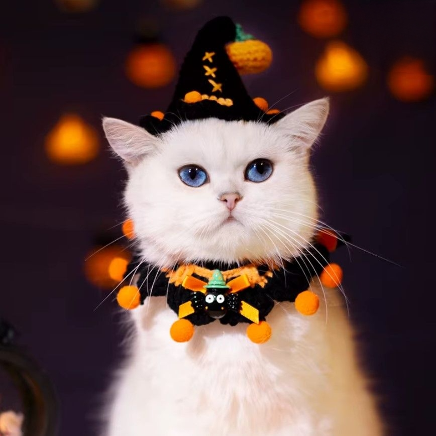 Hand-knit Halloween Pet Collar Bib for cats and dogs, perfect for adding a spooky touch to Halloween costumes.