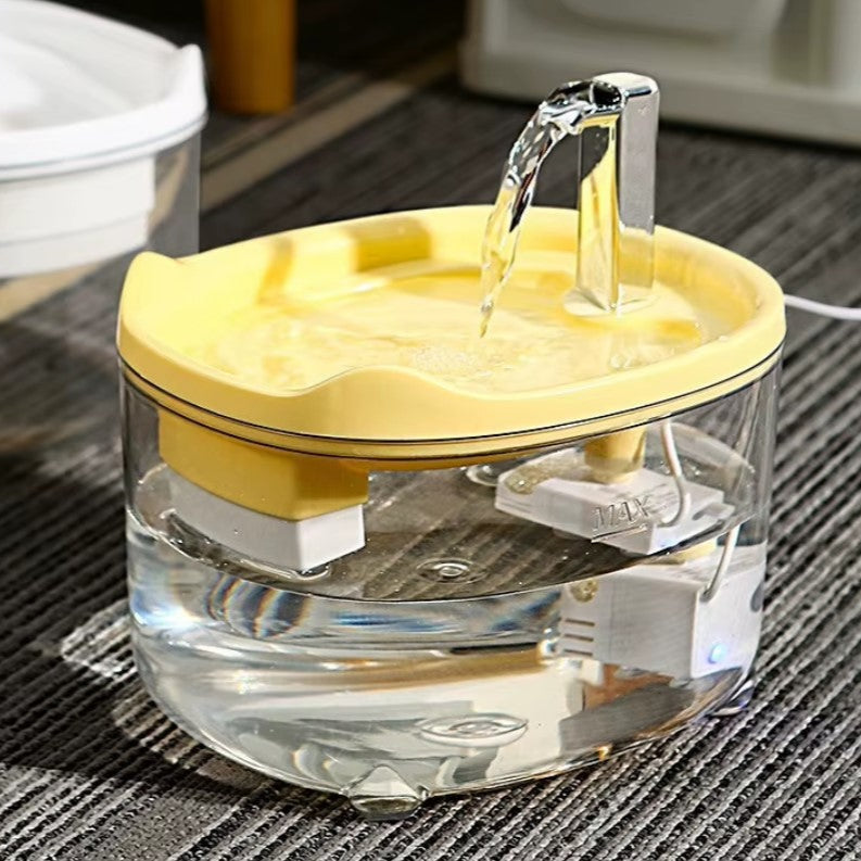 Silent automatic cat water fountain with double filtration and smart flow system for healthy hydration.