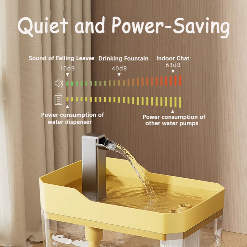 Transparent automatic cat water fountain with USB pump and recirculating filter system.