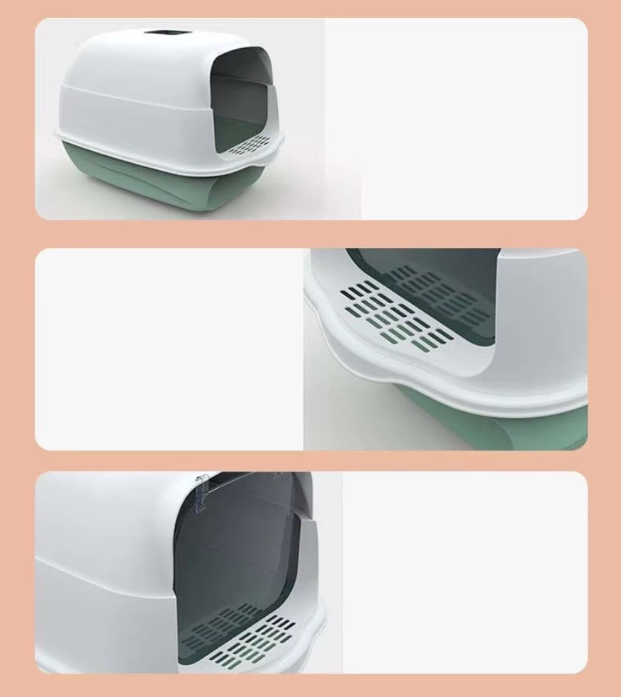 Fully enclosed cat litter box with two-way shovel access for odor control and easy cleaning