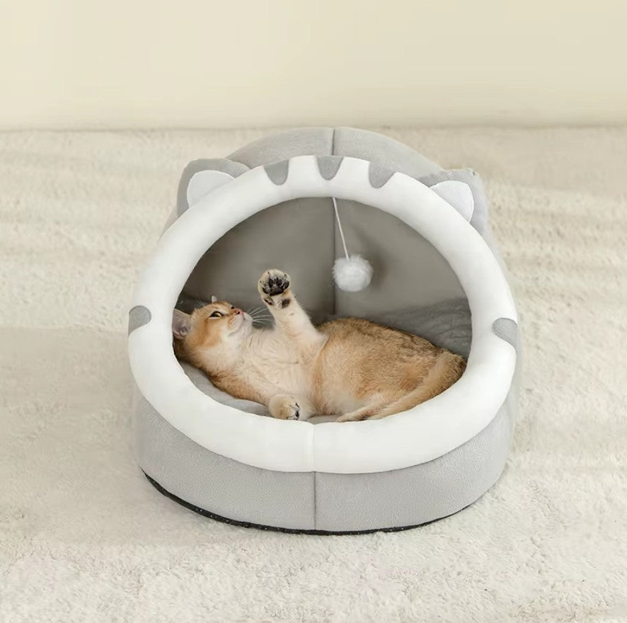 Super Cat Bed featuring a semi-enclosed plush cave design with a cozy cushion and playful cat inside.