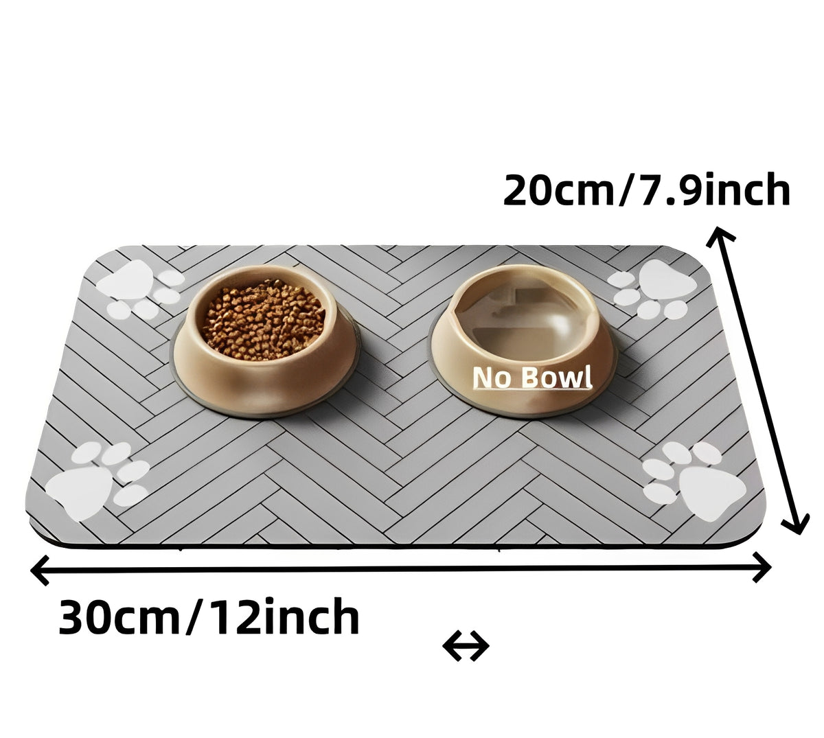 Pet feeding mat with bowls, absorbent and waterproof solution for cats and dogs, measuring 30cm by 20cm.