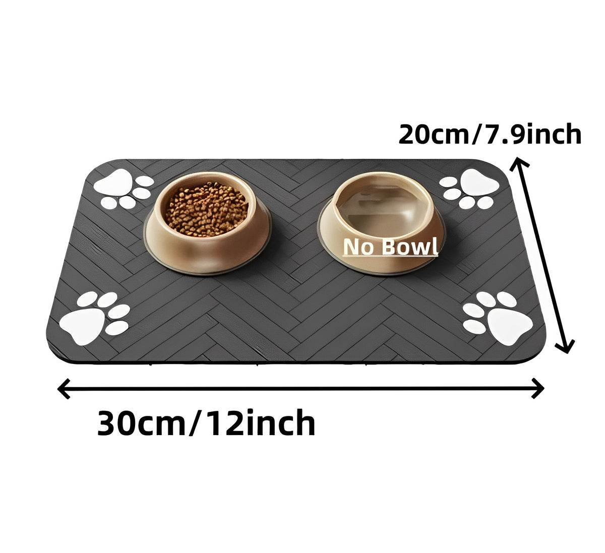 Pet feeding mat dimensions 30cm x 20cm with bowls for cats and dogs, showing absorbent and waterproof design.