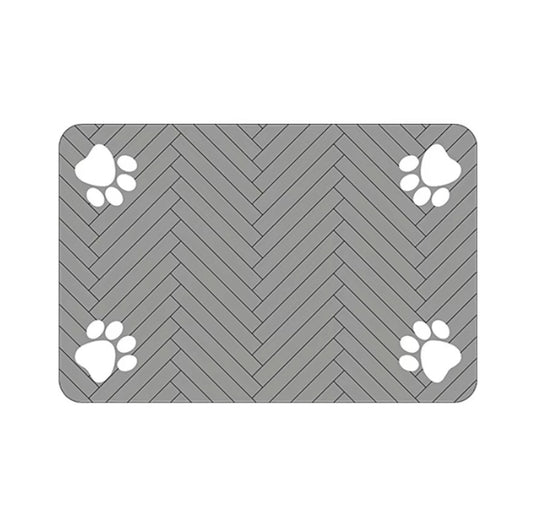 pet feeding mat in a stylish herringbone pattern with paw prints for messy feeders and hygiene.