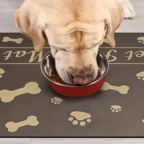 Dog eating from a bowl on a pet feeding mat - absorbent and waterproof feeding solution.