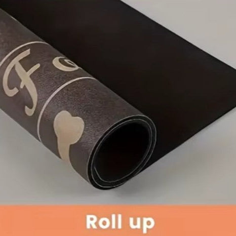 Pet feeding mat showing its rolled-up design, highlighting its absorbent and waterproof features for pets.