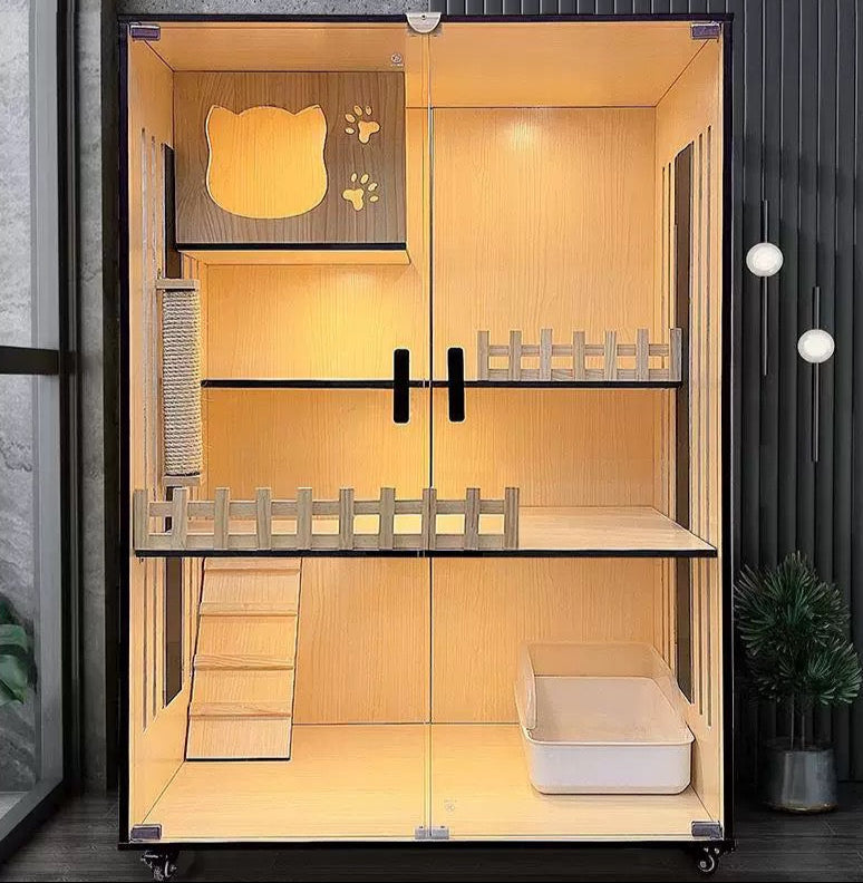 Handcrafted Wooden Cat Villa – luxury cat villa with multi-level design and cozy hideaways for cats.