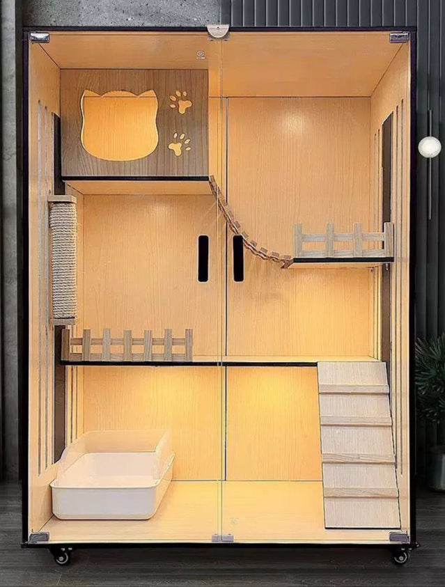 Handcrafted wooden cat villa, luxury cat villa with multi-level design, ramps, and cozy hideaways for cats.