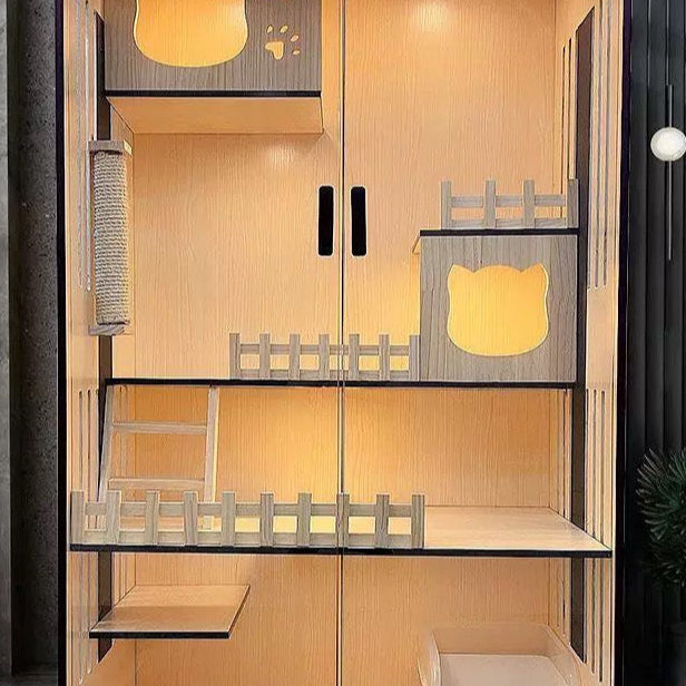 Luxury cat villa with multi-level design, ramps, and cozy hideaways for cats to lounge and play.