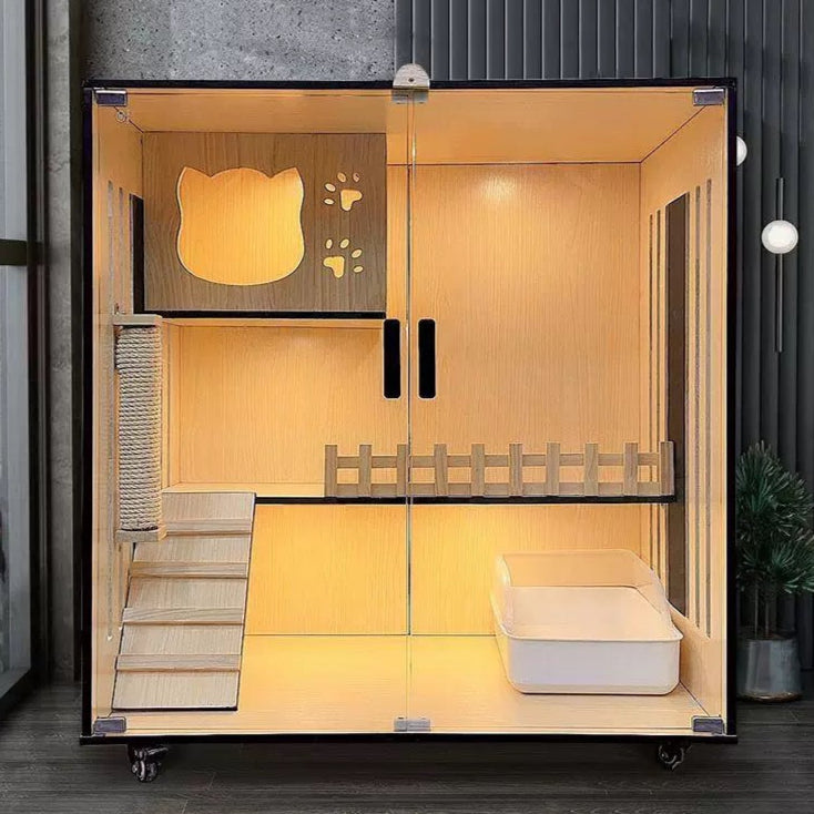 Handcrafted wooden cat villa showcasing spacious multi-level design with cozy hideaways and ramps for luxury cat villa.