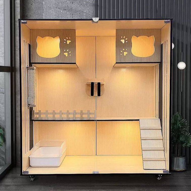 Luxury cat villa with multi-level design, cozy hideaways, and ramps for lounging and playing.