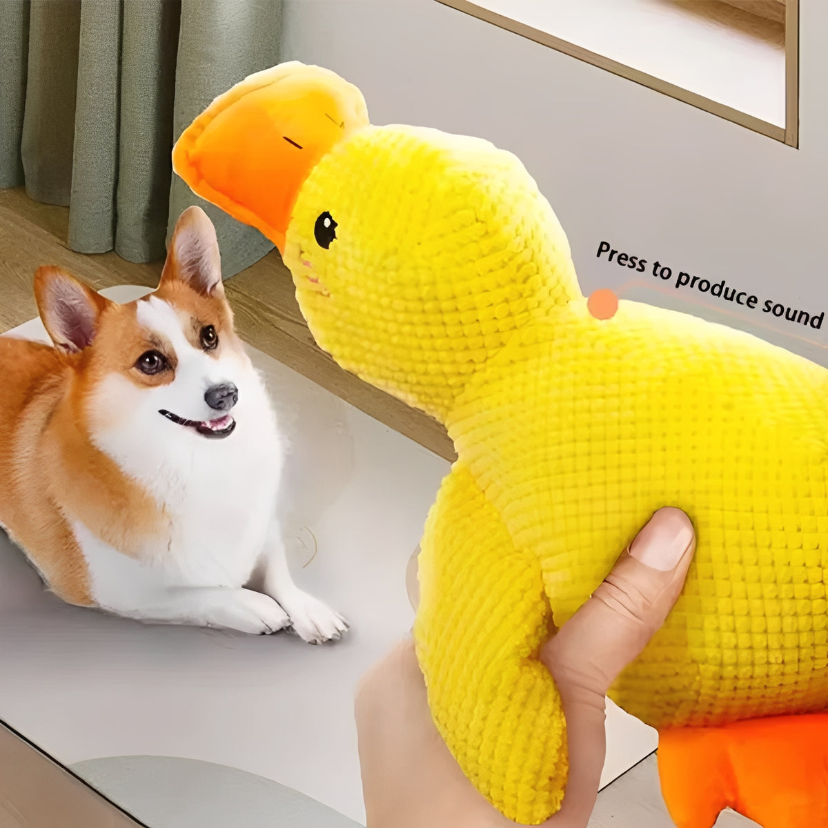 Calming pet toy plush duck with squeaker, perfect for interactive play with dogs.