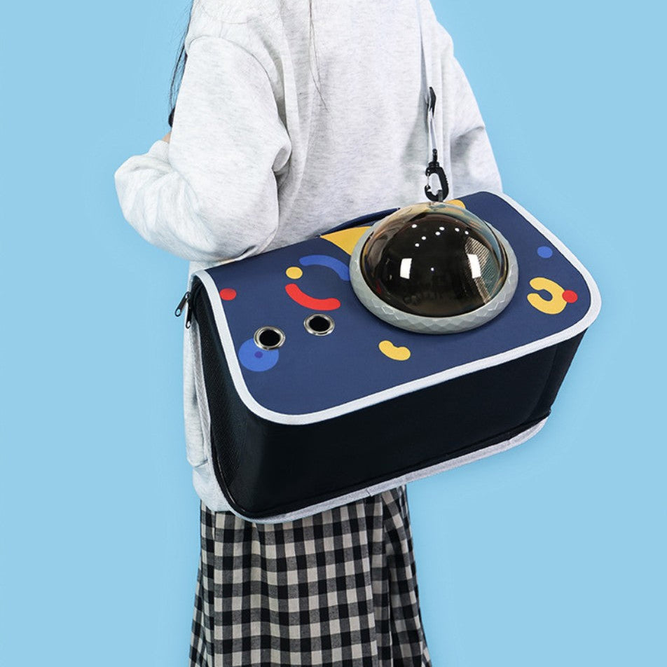 Pet travel bag shown being carried, featuring a unique design and clear window for pets. Ideal for cats and dogs.