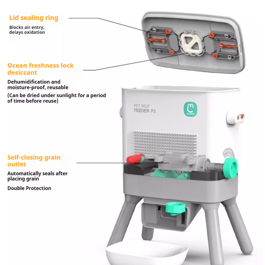 Pet Feeding Station The Artisan™ features self-closing grain outlet, ocean freshness lock, and lid sealing ring for optimal pet feeding.